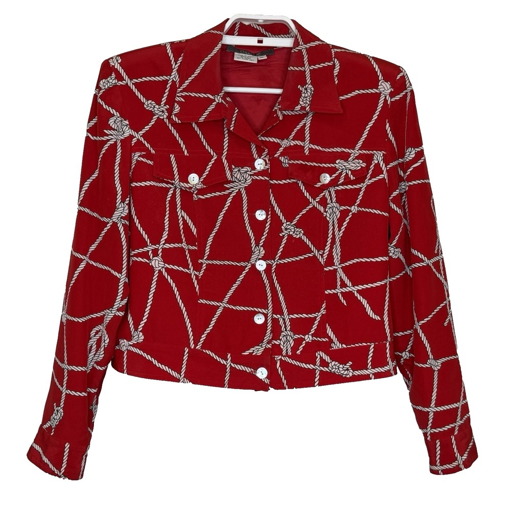 Maggie L Silk Jacket Womens Sz 8 Petite Red Rope Print Button Front Long Sleeve